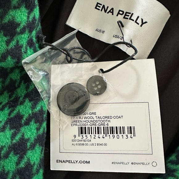 Ena Pelly x RJ ◡̈ Green + Navy Plaid Wool Tailored Houndstooth Coat NWT US2 - Picture 6 of 15